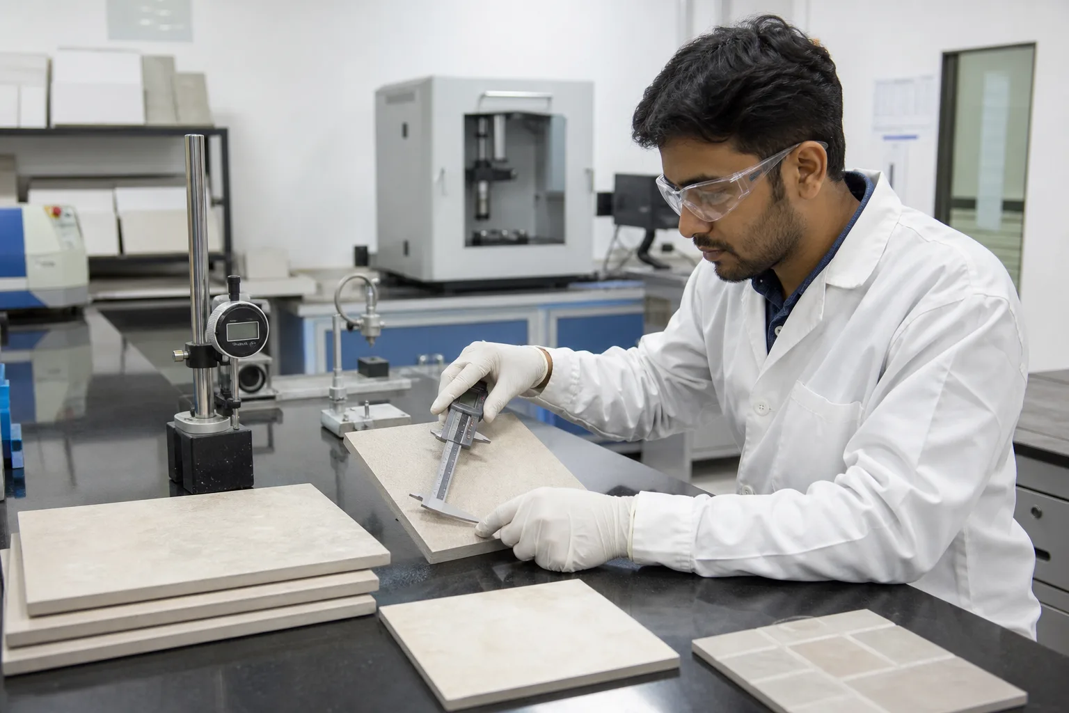 Ceramic tile dimensional inspection in a quality-control laboratory