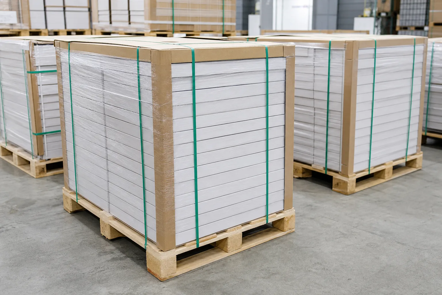 Ceramic tile cartons secured on wooden pallets